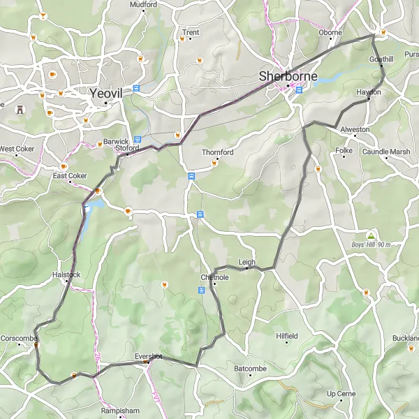 Map miniature of "The Countryside Explorer" cycling inspiration in Dorset and Somerset, United Kingdom. Generated by Tarmacs.app cycling route planner