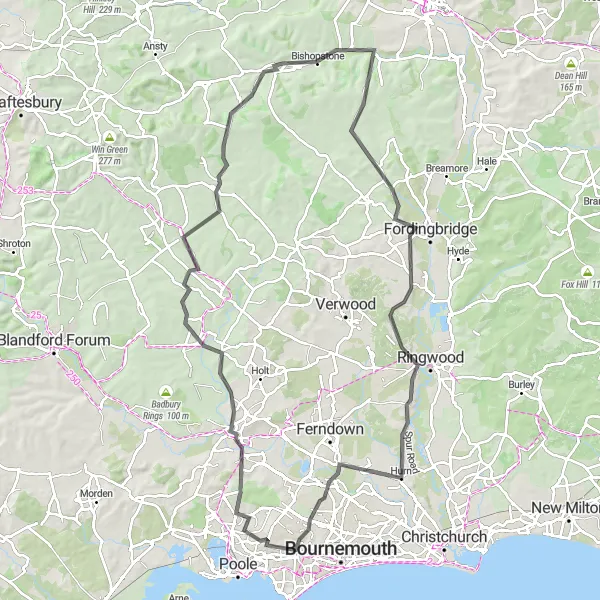 Map miniature of "The Wimborne Minster Loop" cycling inspiration in Dorset and Somerset, United Kingdom. Generated by Tarmacs.app cycling route planner