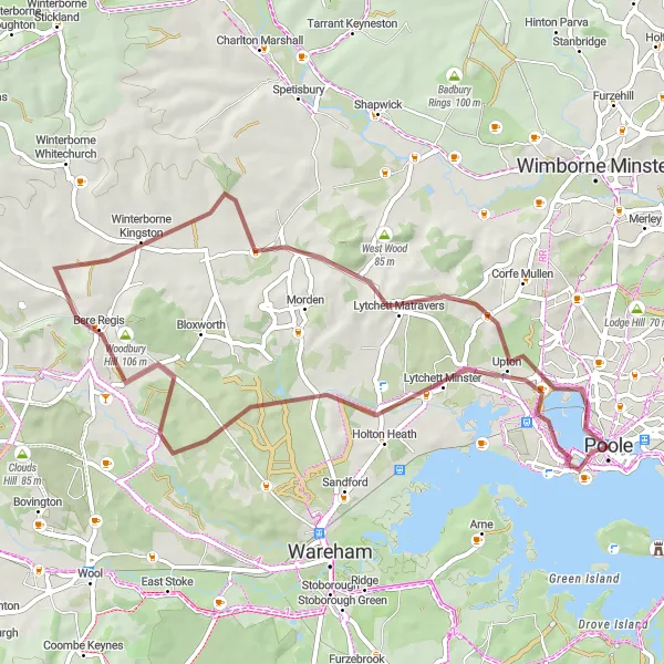 Map miniature of "Upton and Beyond" cycling inspiration in Dorset and Somerset, United Kingdom. Generated by Tarmacs.app cycling route planner