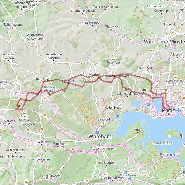 Map miniature of "Hills of Corfe Mullen" cycling inspiration in Dorset and Somerset, United Kingdom. Generated by Tarmacs.app cycling route planner