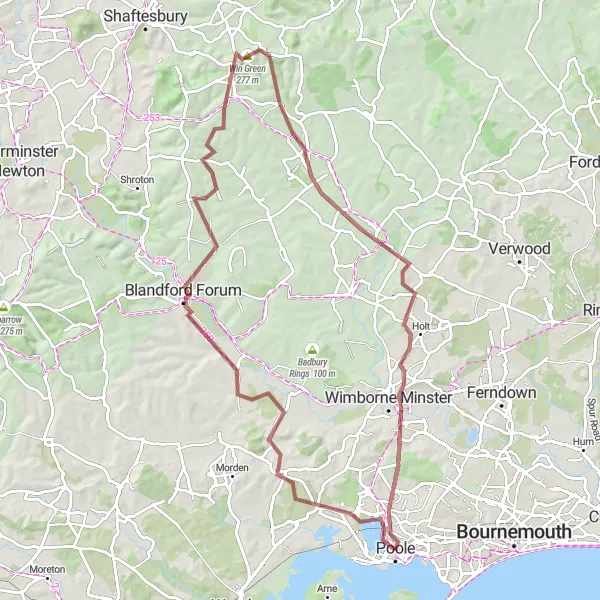 Map miniature of "Dorset Hills Adventure" cycling inspiration in Dorset and Somerset, United Kingdom. Generated by Tarmacs.app cycling route planner