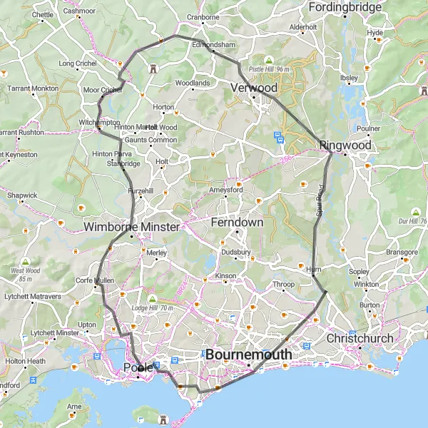 Map miniature of "The Wimborne Minster Loop" cycling inspiration in Dorset and Somerset, United Kingdom. Generated by Tarmacs.app cycling route planner