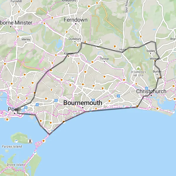 Map miniature of "The Kinson Loop" cycling inspiration in Dorset and Somerset, United Kingdom. Generated by Tarmacs.app cycling route planner