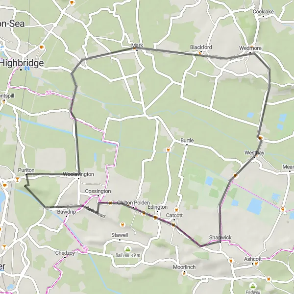 Map miniature of "Puriton Loop" cycling inspiration in Dorset and Somerset, United Kingdom. Generated by Tarmacs.app cycling route planner