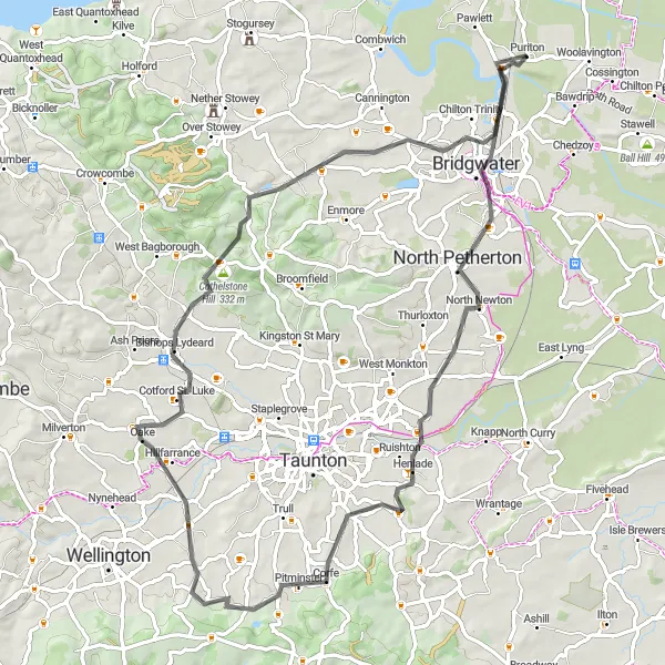 Map miniature of "Bridgwater and Cothelstone Circuit" cycling inspiration in Dorset and Somerset, United Kingdom. Generated by Tarmacs.app cycling route planner