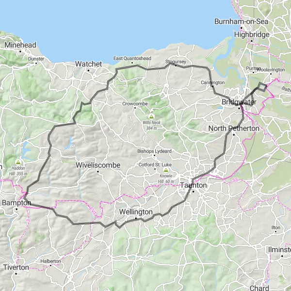 Map miniature of "Quantock Hills Explorer" cycling inspiration in Dorset and Somerset, United Kingdom. Generated by Tarmacs.app cycling route planner