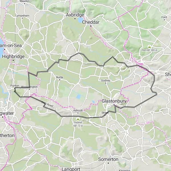 Map miniature of "Woolavington Reel" cycling inspiration in Dorset and Somerset, United Kingdom. Generated by Tarmacs.app cycling route planner