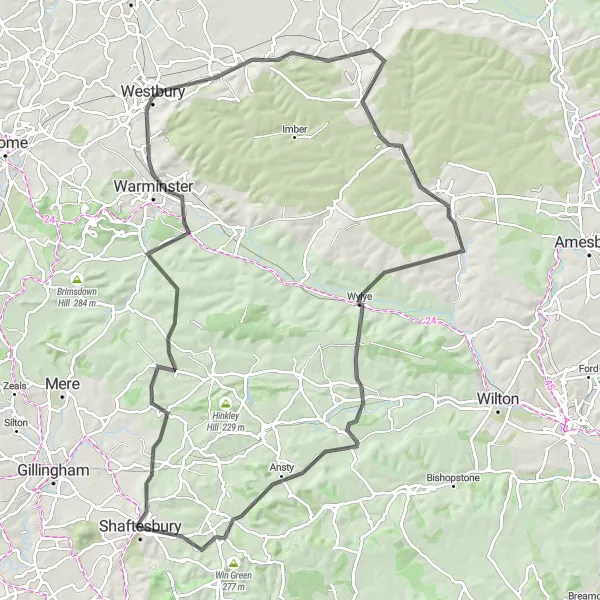 Map miniature of "Scenic Countryside Road Ride around Shaftesbury" cycling inspiration in Dorset and Somerset, United Kingdom. Generated by Tarmacs.app cycling route planner