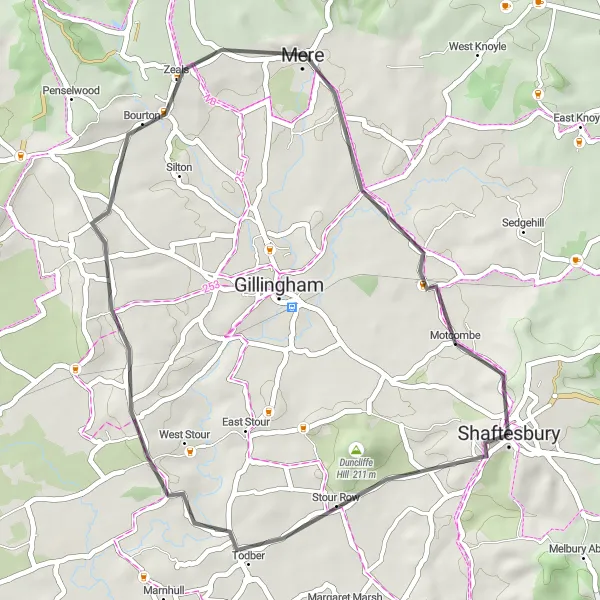 Map miniature of "Shaftesbury Hill Challenge" cycling inspiration in Dorset and Somerset, United Kingdom. Generated by Tarmacs.app cycling route planner