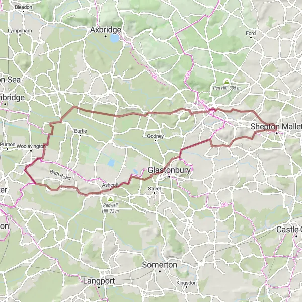 Map miniature of "Mendip Moorlinch Gravel Route" cycling inspiration in Dorset and Somerset, United Kingdom. Generated by Tarmacs.app cycling route planner