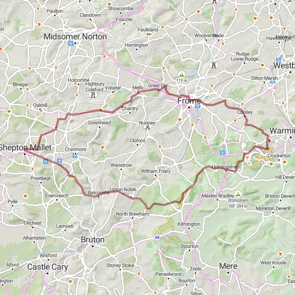 Map miniature of "Leigh upon Mendip Gravel Adventure" cycling inspiration in Dorset and Somerset, United Kingdom. Generated by Tarmacs.app cycling route planner