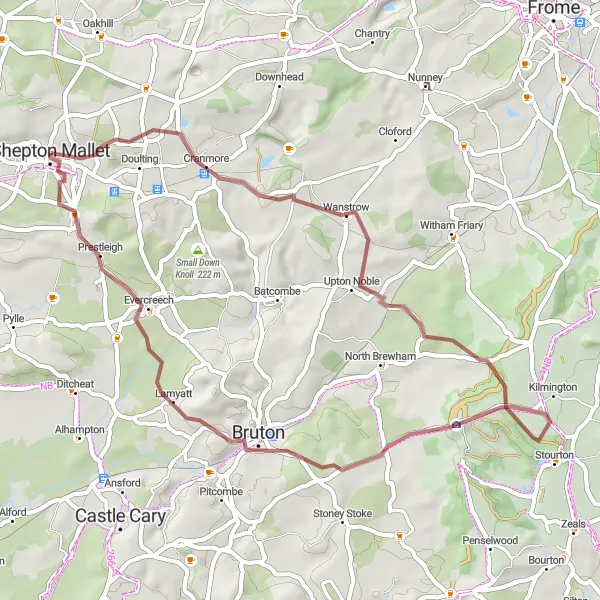 Map miniature of "Wanstrow Gravel Adventure" cycling inspiration in Dorset and Somerset, United Kingdom. Generated by Tarmacs.app cycling route planner