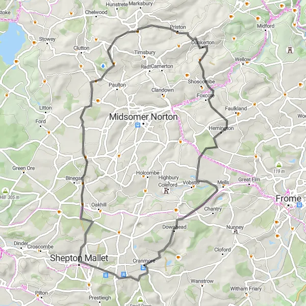 Map miniature of "Ston Easton Road Loop" cycling inspiration in Dorset and Somerset, United Kingdom. Generated by Tarmacs.app cycling route planner