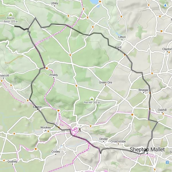 Map miniature of "The Mendip Magic" cycling inspiration in Dorset and Somerset, United Kingdom. Generated by Tarmacs.app cycling route planner