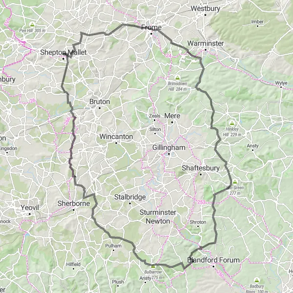 Map miniature of "The Somerset Hills Adventure" cycling inspiration in Dorset and Somerset, United Kingdom. Generated by Tarmacs.app cycling route planner