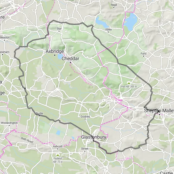 Map miniature of "The Glastonbury Explorer" cycling inspiration in Dorset and Somerset, United Kingdom. Generated by Tarmacs.app cycling route planner