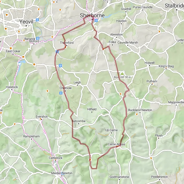 Map miniature of "Sherborne to Boys' Hill Gravel Route" cycling inspiration in Dorset and Somerset, United Kingdom. Generated by Tarmacs.app cycling route planner