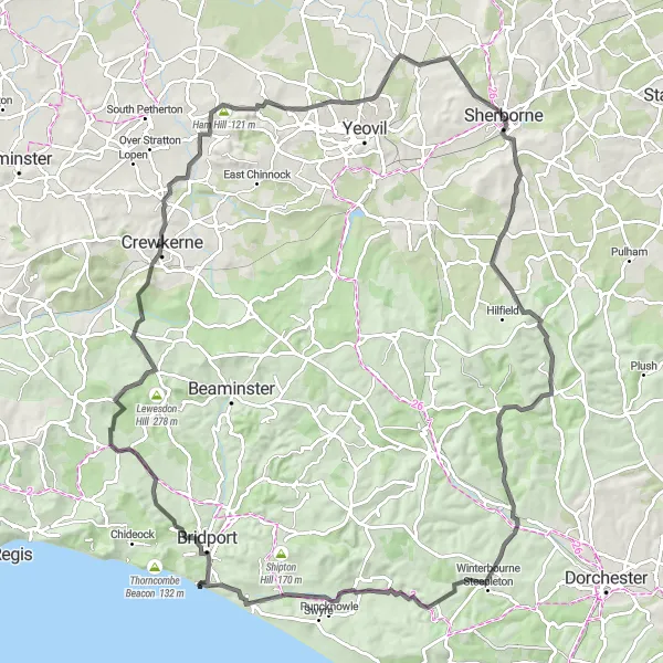 Map miniature of "Sherborne to West Bay Road Route" cycling inspiration in Dorset and Somerset, United Kingdom. Generated by Tarmacs.app cycling route planner