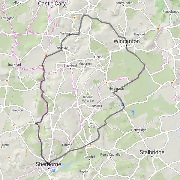 Map miniature of "Sherborne to Corton Denham Road Route" cycling inspiration in Dorset and Somerset, United Kingdom. Generated by Tarmacs.app cycling route planner