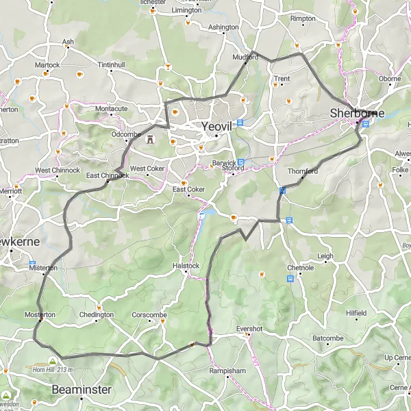 Map miniature of "Ryme Intrinseca and Mudford Road Loop" cycling inspiration in Dorset and Somerset, United Kingdom. Generated by Tarmacs.app cycling route planner