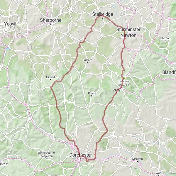 Map miniature of "Gravel Loop to Glanvilles Wootton" cycling inspiration in Dorset and Somerset, United Kingdom. Generated by Tarmacs.app cycling route planner