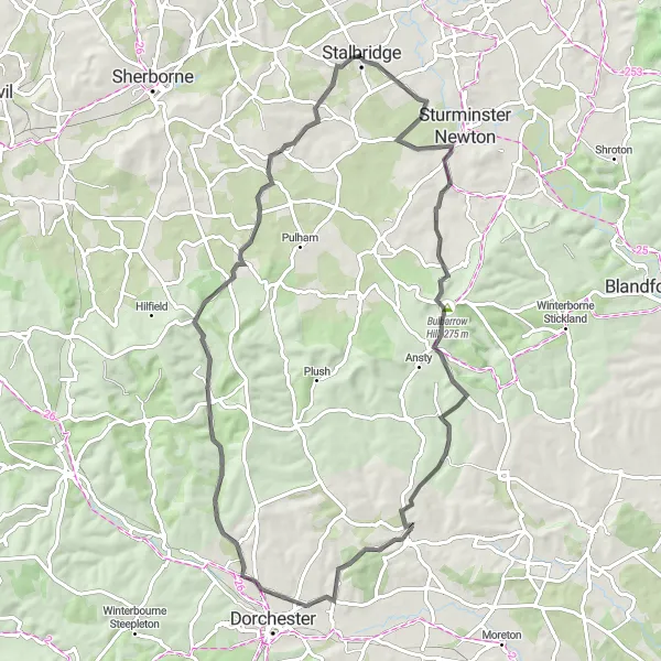 Map miniature of "Woolland Loop" cycling inspiration in Dorset and Somerset, United Kingdom. Generated by Tarmacs.app cycling route planner