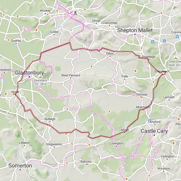 Map miniature of "Gravel Adventure through Glastonbury and Street" cycling inspiration in Dorset and Somerset, United Kingdom. Generated by Tarmacs.app cycling route planner