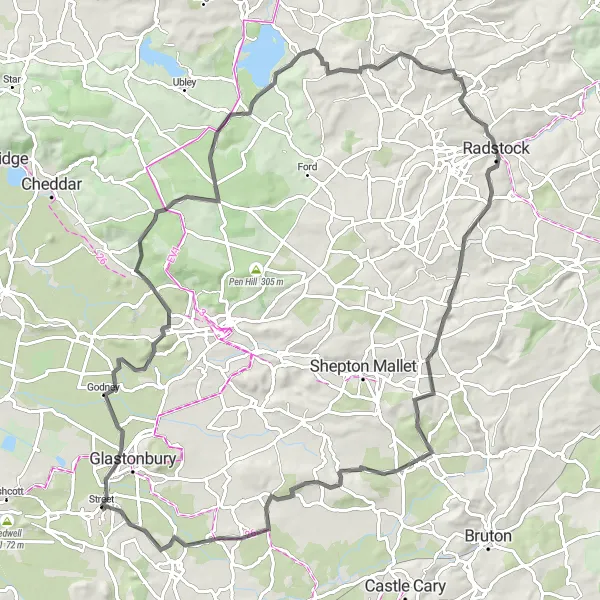 Map miniature of "Mendip Hills Road Loop" cycling inspiration in Dorset and Somerset, United Kingdom. Generated by Tarmacs.app cycling route planner