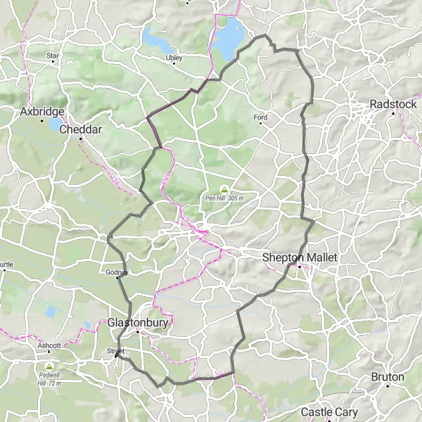 Map miniature of "Godney and Street Adventure" cycling inspiration in Dorset and Somerset, United Kingdom. Generated by Tarmacs.app cycling route planner