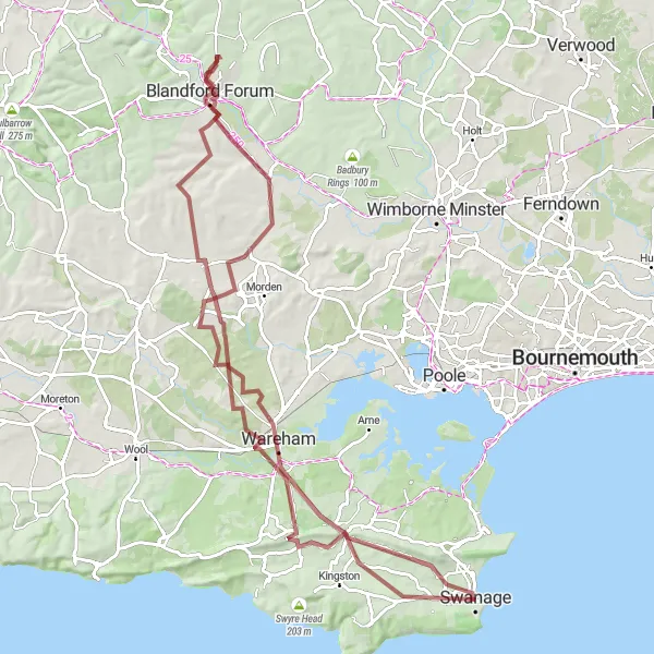 Map miniature of "Dorset Delights Gravel Fling" cycling inspiration in Dorset and Somerset, United Kingdom. Generated by Tarmacs.app cycling route planner