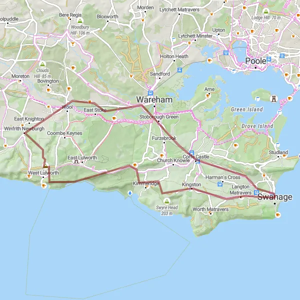 Map miniature of "Purbeck Hills Gravel Adventure" cycling inspiration in Dorset and Somerset, United Kingdom. Generated by Tarmacs.app cycling route planner