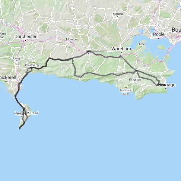 Map miniature of "Coastal Road Cycling in Dorset and Somerset" cycling inspiration in Dorset and Somerset, United Kingdom. Generated by Tarmacs.app cycling route planner