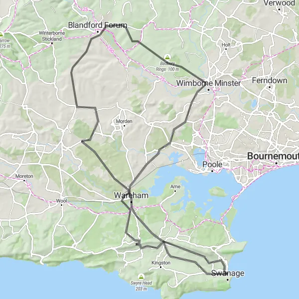 Map miniature of "Journey through Dorset's Landscapes" cycling inspiration in Dorset and Somerset, United Kingdom. Generated by Tarmacs.app cycling route planner
