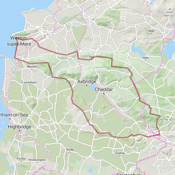 Map miniature of "Coastal Excursion" cycling inspiration in Dorset and Somerset, United Kingdom. Generated by Tarmacs.app cycling route planner