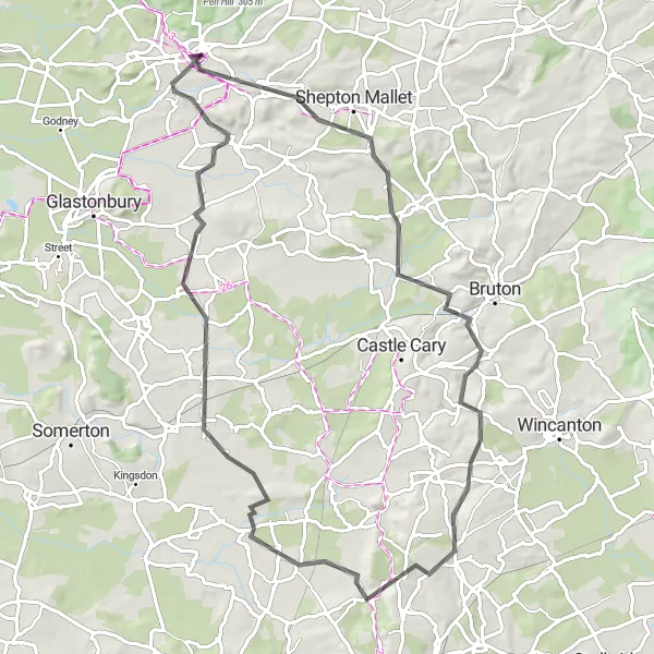 Map miniature of "Hills and Heritage" cycling inspiration in Dorset and Somerset, United Kingdom. Generated by Tarmacs.app cycling route planner