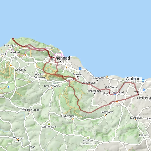 Map miniature of "The Quantock Gravel Adventure" cycling inspiration in Dorset and Somerset, United Kingdom. Generated by Tarmacs.app cycling route planner