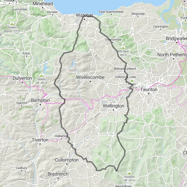 Map miniature of "The West Somerset Classic" cycling inspiration in Dorset and Somerset, United Kingdom. Generated by Tarmacs.app cycling route planner