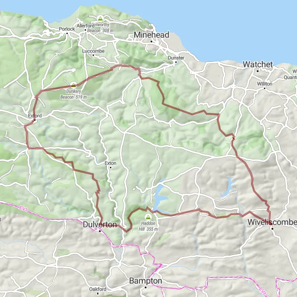 Map miniature of "Gravel Adventure Around Wiveliscombe" cycling inspiration in Dorset and Somerset, United Kingdom. Generated by Tarmacs.app cycling route planner