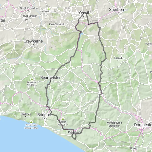 Map miniature of "Yetminster Epic Ride" cycling inspiration in Dorset and Somerset, United Kingdom. Generated by Tarmacs.app cycling route planner