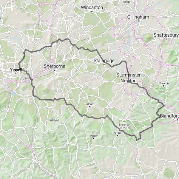 Map miniature of "Yeovil to Sturminster Newton Loop" cycling inspiration in Dorset and Somerset, United Kingdom. Generated by Tarmacs.app cycling route planner