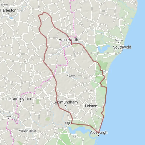 Map miniature of "Aldeburgh to Benhall Loop" cycling inspiration in East Anglia, United Kingdom. Generated by Tarmacs.app cycling route planner