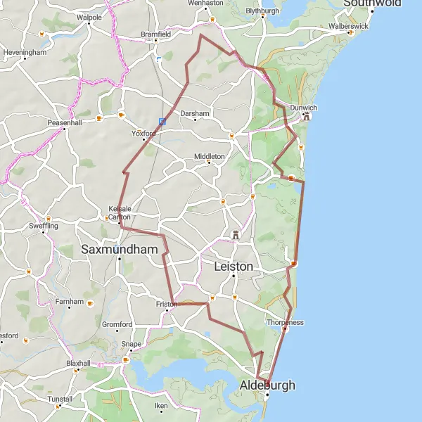 Map miniature of "Aldeburgh to Thorington Loop" cycling inspiration in East Anglia, United Kingdom. Generated by Tarmacs.app cycling route planner