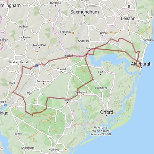 Map miniature of "The Snape Loop" cycling inspiration in East Anglia, United Kingdom. Generated by Tarmacs.app cycling route planner