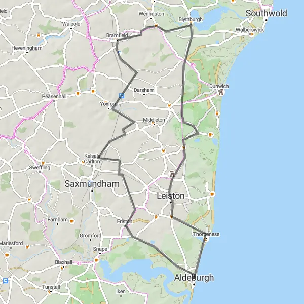 Map miniature of "Aldeburgh Coastal Loop" cycling inspiration in East Anglia, United Kingdom. Generated by Tarmacs.app cycling route planner