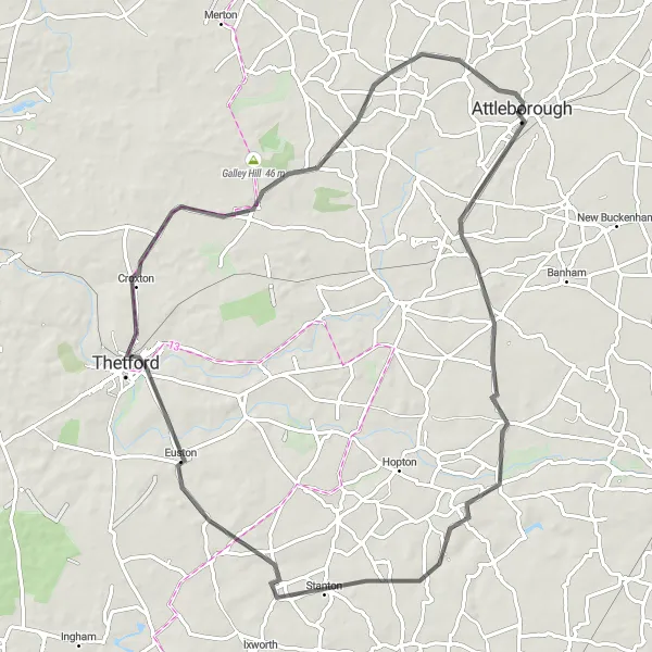 Map miniature of "Quidenham, Stanton, Euston, Great Hockham, and Great Ellingham Circular" cycling inspiration in East Anglia, United Kingdom. Generated by Tarmacs.app cycling route planner