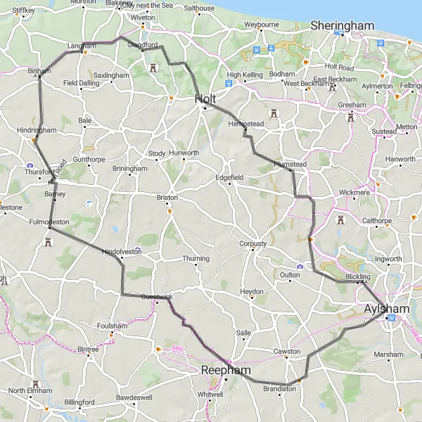 Map miniature of "Brandiston Loop" cycling inspiration in East Anglia, United Kingdom. Generated by Tarmacs.app cycling route planner