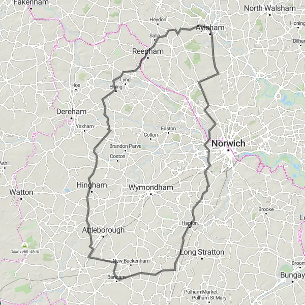 Map miniature of "Historic Road Cycling Tour" cycling inspiration in East Anglia, United Kingdom. Generated by Tarmacs.app cycling route planner