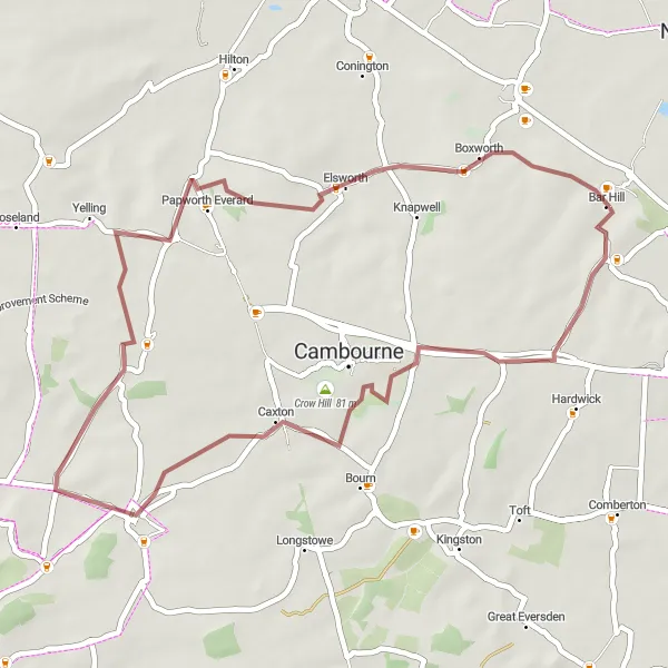 Map miniature of "Bar Hill Gravel Loop" cycling inspiration in East Anglia, United Kingdom. Generated by Tarmacs.app cycling route planner