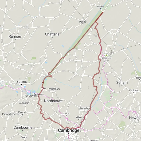 Map miniature of "Gravel Adventure to Bar Hill and Beyond" cycling inspiration in East Anglia, United Kingdom. Generated by Tarmacs.app cycling route planner