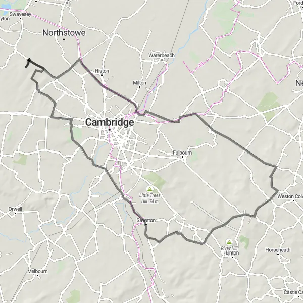 Map miniature of "Cambridge Villages Road Loop" cycling inspiration in East Anglia, United Kingdom. Generated by Tarmacs.app cycling route planner